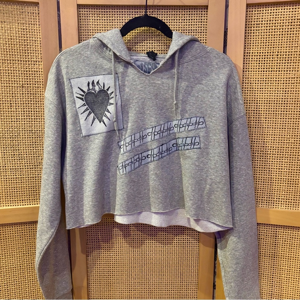 Handmade Reworked Sacred Heart & Barbed Wire Cropped Hoodie Size Small